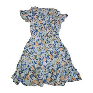 Croft Barrow Womens M Blue Pink Floral Stretchy Ruffle Babydoll Dress A-Line NWT